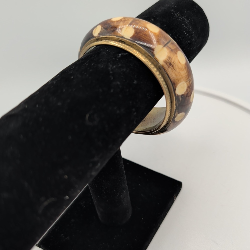 Vintage Brass Bangle Bracelet Inlaid‎ Batik Bone Polka Dot Boho Ethnic 7.5 - Picture 7 of 10